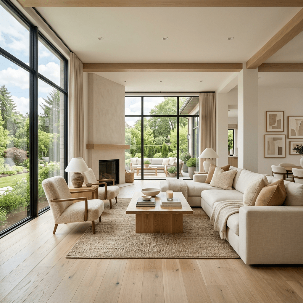 Bright living room with beige sofa, armchairs, wooden coffee table, and large floor-to-ceiling windows showing a green garden and outdoor seating area